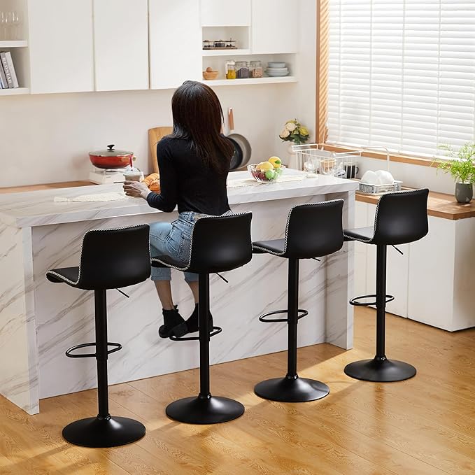 HeuGah Swivel Bar Stools Set of 2, Adjustable Counter Height Barstools with Back, Black Faux Leather Bar Chairs for Kitchen Island (Black, Set of 2 (24'' to 32''))