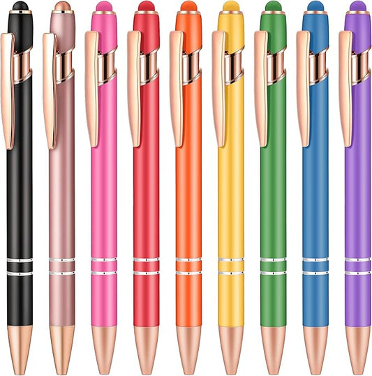 Aozora 9 Pack Ballpoint Pens Smooth Writing 2-in-1 Stylus Retractable Ballpoint Pen with Stylus tip, Office Decor Metal Stylus Pen for Touch Screens, 1.0 mm Black Ink (Assorted)