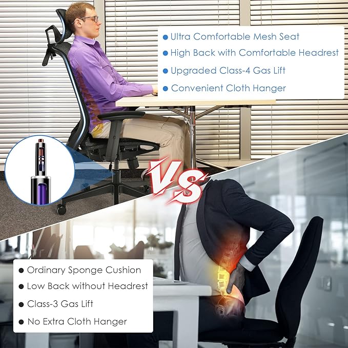 POWERSTONE Ergonomic Mesh Office Chair - High Back Computer Desk Tilt Lock Mesh Seat with Lumbar Support and Clothing Hanger, Executive Swivel Mesh Chair with Adjustable Arms and Headrest (Grey)