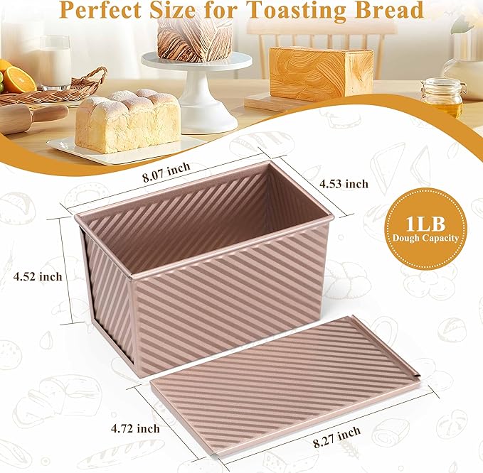 LIANYU Pullman Loaf Pan with Lid, 1 LB Dough Capacity Nonstick Bread Baking Loaf Pan, Carbon Steel Corrugated Bread Toast Box Tin for Homemade Sandwich, Rose Gold
