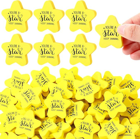 Spakon 50 Pcs Inspirational Star Erasers for Kids Bulk Cute Back to School Erasers 1.57" Fun Eraser for Classroom Prize You're A Star Yellow Motivational Gift for School Student Rewards
