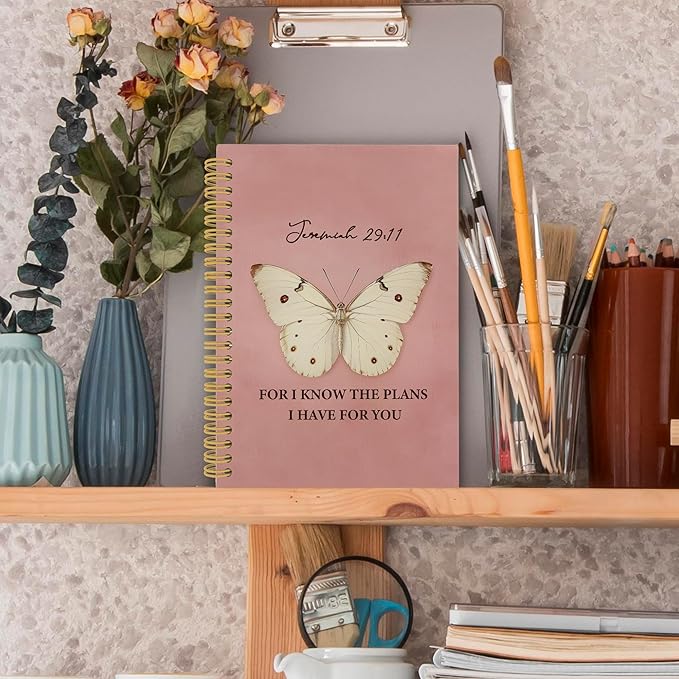 Vintage Butterfly Christian Spiral Notebook, for I Know the Plans I Have for You Bible Journaling Notebooks for Women, Religious Faith Hardcover Journals for Office 160 Pages 5.5 x 8.3 Inch
