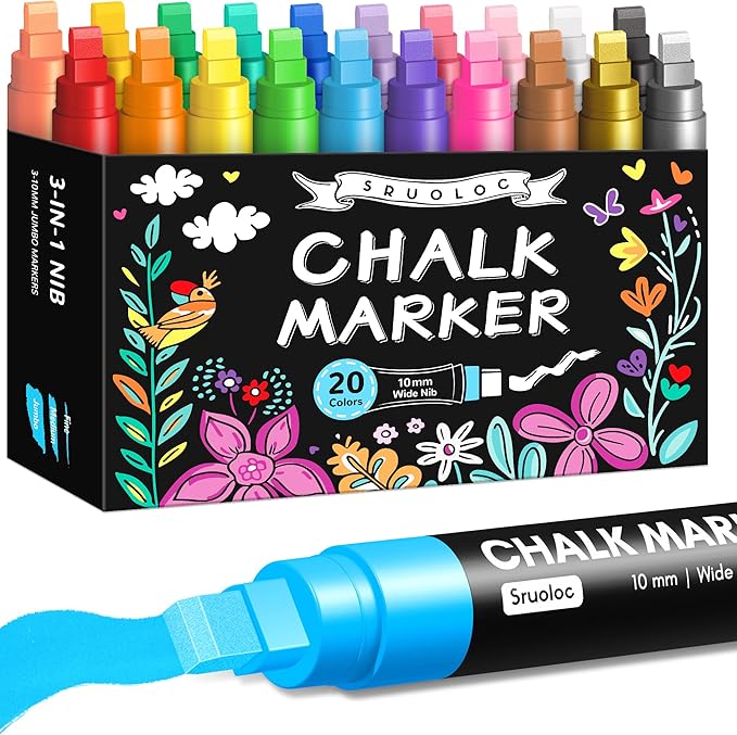 Window Chalk Markers for Glass Washable, 20 Colors Jumbo Liquid Chalk Marker with 10mm 3 in 1 Nib Thick Wide Tips, Big Chalkboard Markers, Car Paint Pen for Auto, Bistro, Mirror, Poster, Blackboards