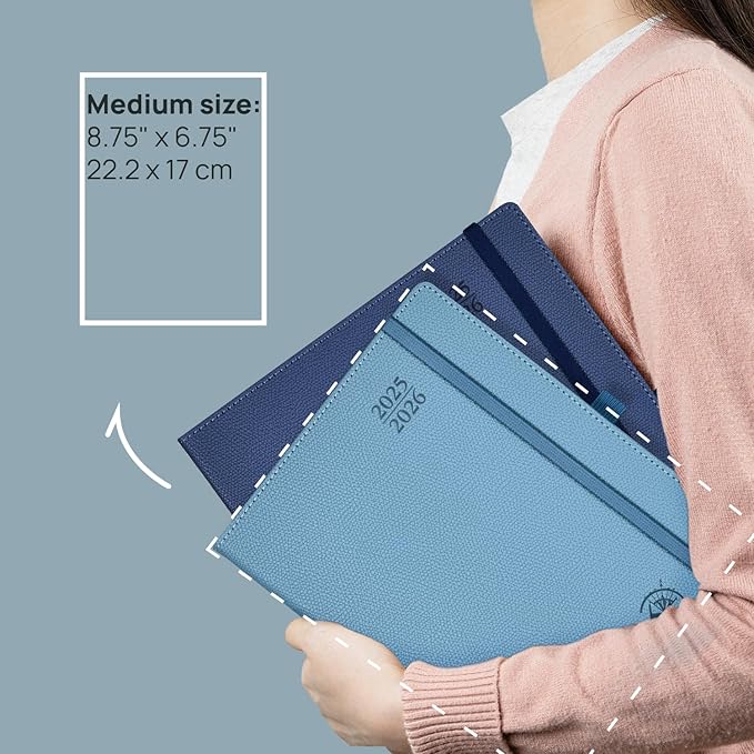 POPRUN Planner 2025-2026 (Medium 6.75''x 8.75''), Horizontal Weekly Notebook Jul.2025 - Jun.2026, Academic Appointment Book with Monthly Tabs, Leather Hardcover, Inner Pocket, 100 GSM - Navy Blue