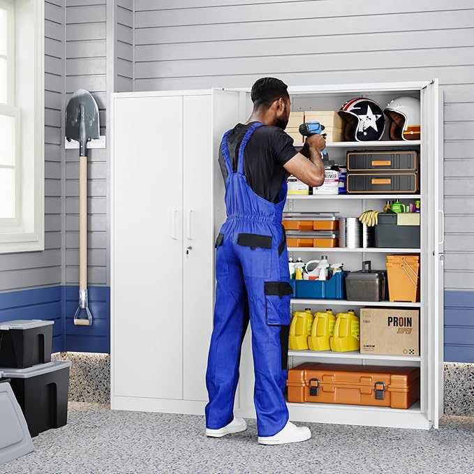 Yizosh Metal Garage Storage Cabinet with 2 Doors and 5 Adjustable Shelves - 71" Steel Lockable File Cabinet,Locking Tool Cabinets for Office,Home,Garage,Gym,School (White)