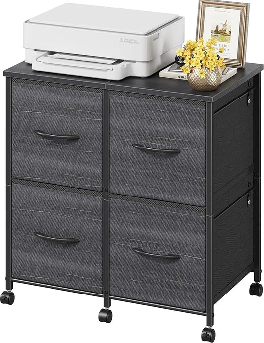 Lateral File Cabinet 4 Fabric Drawer, Mobile Filing Cabinet for Large Printer, Home Office Functional Office Storage Cabinet & Printer Stand, Fits A4/Letter Size, Charcoal Black Grain Print