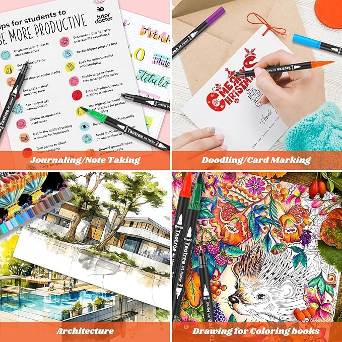 Taotree 120 Colors Dual Tip Art Markers Pens for Kids Adult Coloring Book, Artist Fine & Brush Tip Coloring Markers Drawing Pen for Journaling Note Taking Lettering Calligraphy Craft Art Supplies Set