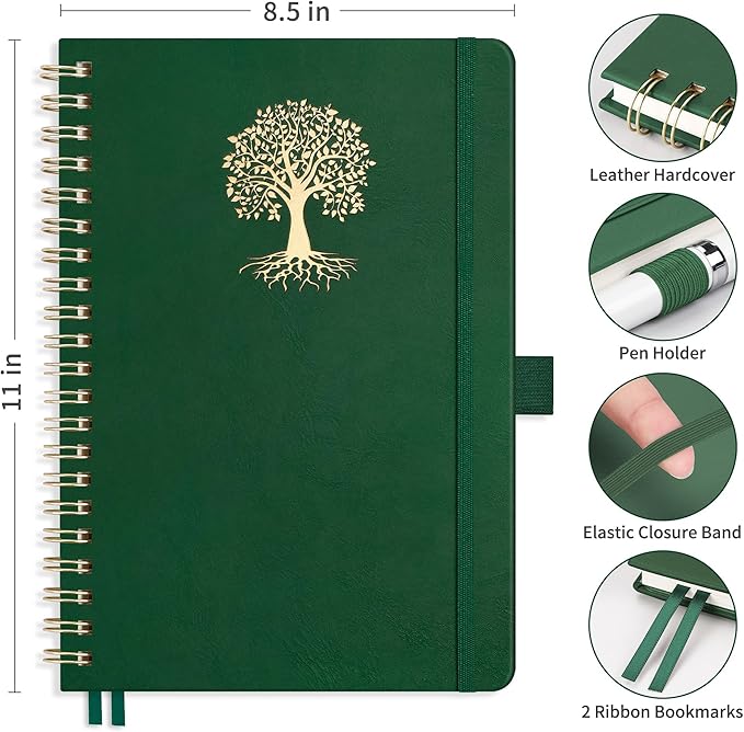 RETTACY Bullet Dotted Journal Notebook, 110 Pages, A4 Large Size (8.5" × 11"), Leather Hardcover, 100 GSM Thick Paper, Spiral-bound, for Bullet Journaling, Planning, Tracking (Dark Green)