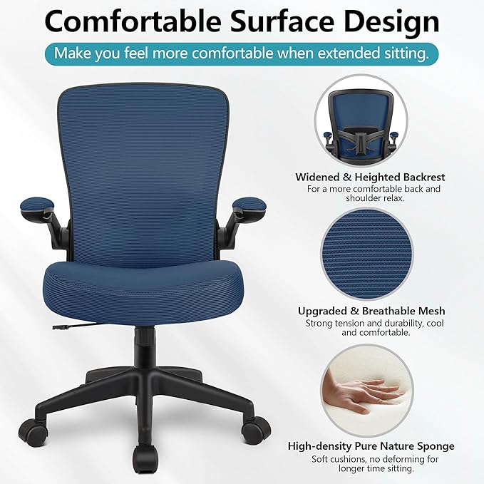 FelixKing Office Chair, Ergonomic Desk Chair Breathable Mesh Chairs with Adjustable High Back Lumbar Support Flip-up Armrests, Executive Swivel Comfy Task Computer Chairs for Home Office Navy