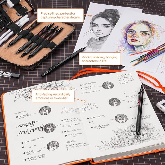 Nicpro 30PCS Black Metal Mechanical Pencil Set in Leather Case, Art Drafting Pencil 0.5, 0.7, 0.9 mm, 2mm Lead Pencil Holders for Sketching Drawing With 16 Tube (6B 4B 2B HB 2H 4H Colors)Lead Refills