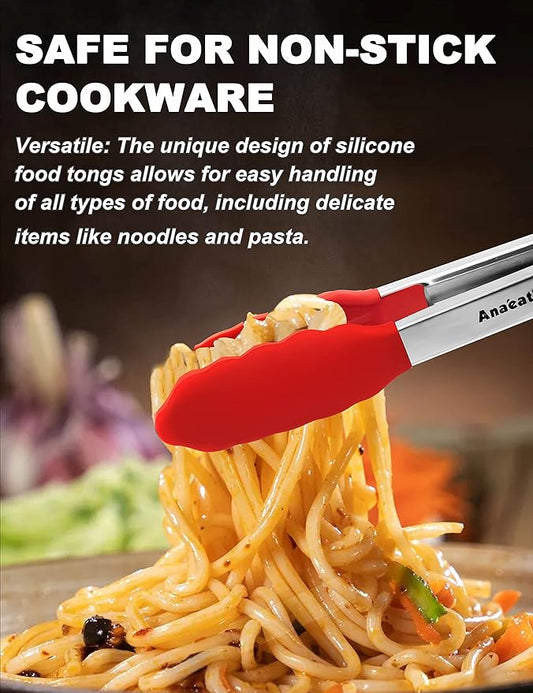Anaeat Non-Stick Silicone Locking Tong Set of 3 - Stainless Steel 7", 9" and 12" Kitchen Food Tongs with Non-Slip Silicone Tips and Grip for Cooking, Baking and BBQ - Heat Resistant up to 480°F (Red)