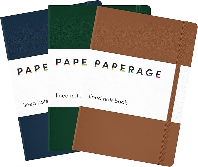 PAPERAGE Lined Journal Notebook, 3 Pack, (Cognac, Dark Green, Navy), 160 Pages, Medium 5.6 in x 8 in - 100 GSM Thick Paper – Hardcover Journaling Notebook for Work, School & Note Taking