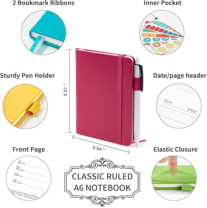 feela Pocket Small Notebooks Bulk, Mini Cute Notepads Hardcover College Ruled Lined Journals with Pen Holder for School Business Memos, with 15 Black Pens, 3.5”x 5.5”, 15 Pack, A6, Solid Colors