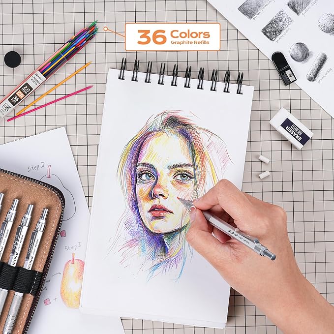 Nicpro 30PCS Silver Metal Mechanical Pencils Set in Leather Case, Art Drafting Pencil 0.5, 0.7, 0.9 mm, 2mm Lead Pencil Holder for Sketching Drawing With 16 Tube (6B 4B 2B HB 2H 4H Colors)Lead Refill