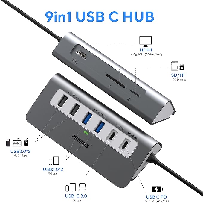 USB C Hub Multiport Adapter,Mosirui 9-in-1 USB-C Docking Station with 4K HDMI,5Gbps Type C 3.0,USB-A3.0/2.0,100W PD, SD/TF for MacBook/Pro iPad/Dell/HP/Desktop/Laptops(50CM)