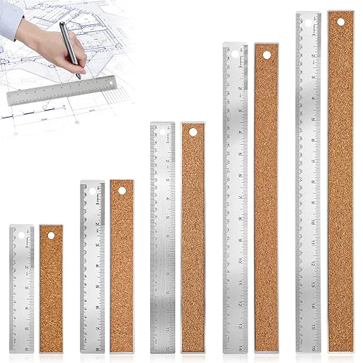 5Pcs Cork Backed Ruler Stainless Steel Ruler, 6/8/12/14/16 Inch Metal Ruler,Straight Edge Ruler Non-Slip Metal Rulers with Inch and Centimeters for Drawing Engineering(6 + 8 + 12 + 14 + 16 Inch)