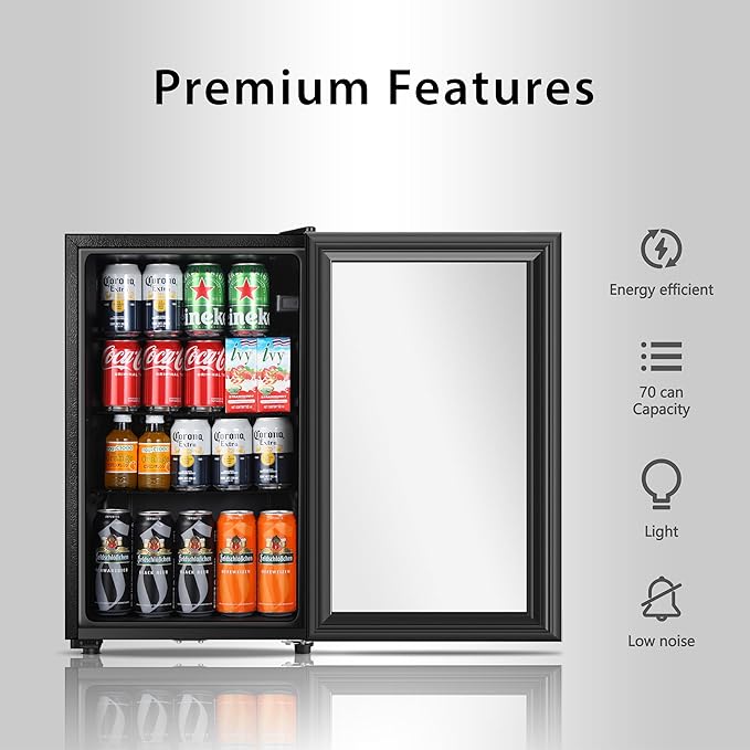 Beverage Refrigerator, 2.3 Cu.Ft, Mini Fridge with Glass Door for Soda Beer, Freestanding Beverage Cooler for Office, Bar, Adjustable Shelving&Adjustable Foot