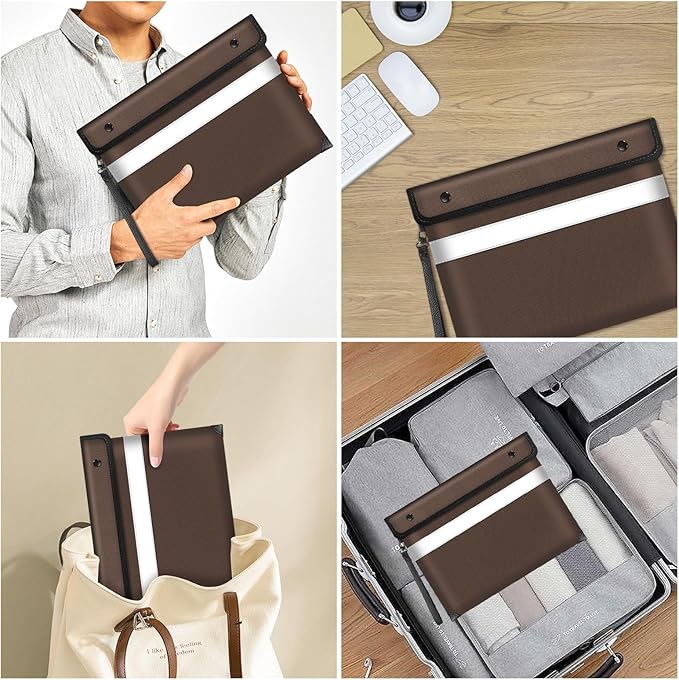 Fireproof Bag for Documents (11 x 7.7 inch)-5200 Heat Insulated, Waterproof Document Pouch with Double-Sided Reflective Strip, Money Bag for Cash (Brown)