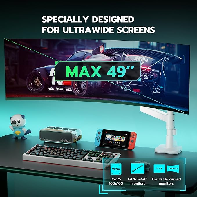 ARES WING Ultrawide Monitor Mount with USB A/C, with Extended Column for 17 to 49 inch Heavy Duty Monitor, Holds 44 lbs, Adjustable Gas Spring Desk Mount, White