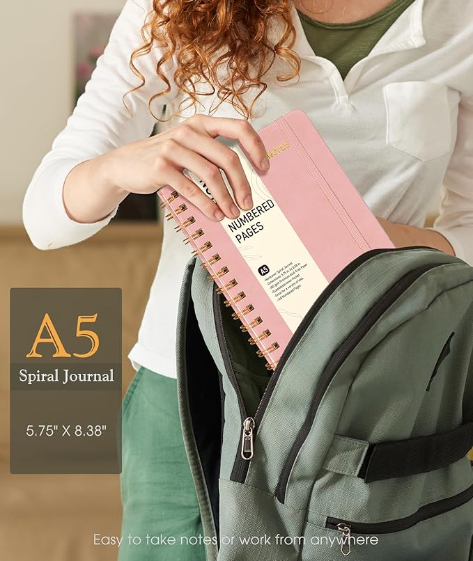 Lined Spiral Journal Notebook for Women, A5 Hardcover Notebooks for Work, 150 Numbered Pages Pink Notebook, 100GSM College Ruled Journals for Writing, Note Taking, 5.75" x 8.38"