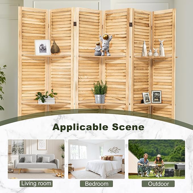 NicBex 6 Panel Room Divider,5.6FT Wood Carved Room Dividers with Display Shelves Folding Privacy Screens Portable Freestanding Partition Wall Dividers for Room Separation, Bedroom Office,Natural Wood