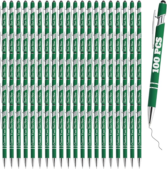 Personalized Pens Bulk 100 with Name Custom Engraving Ballpoint Pens with Stylus Tip Customized Smooth Writing Pens Personalized Gifts for Anniversary Birthday or Graduation(Dark Green,Black Ink)