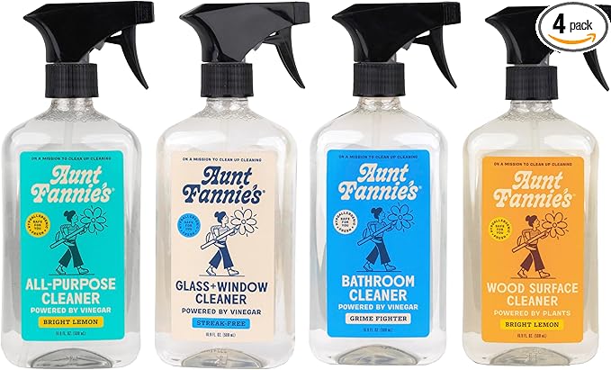 Aunt Fannie's Cleaning Spray Variety Pack, Lemon All Purpose Vinegar, Glass & Window, Bathroom, and Wood Surface Cleaner, 16.9 oz each, Pack of 4