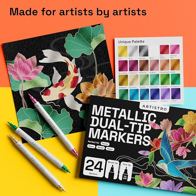 ARTISTRO Dual Tip Acrylic Paint Markers - Easy for All Ages & Levels Acrylic Paint Pens for Fabric, Rocks, Paper, Wood, Canvas, Glass, DIY (Dual Tip Metallic, 24)