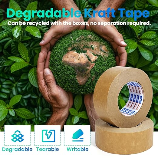 ADHES Heavy Duty Kraft Paper Tape, 7.5mil, 2 Inch x 55 Yards x 12 Rolls, Biodegradable Paper Packing Tape Writable & Uncoated Brown Packing Tape for Shipping, Moving, Sealing