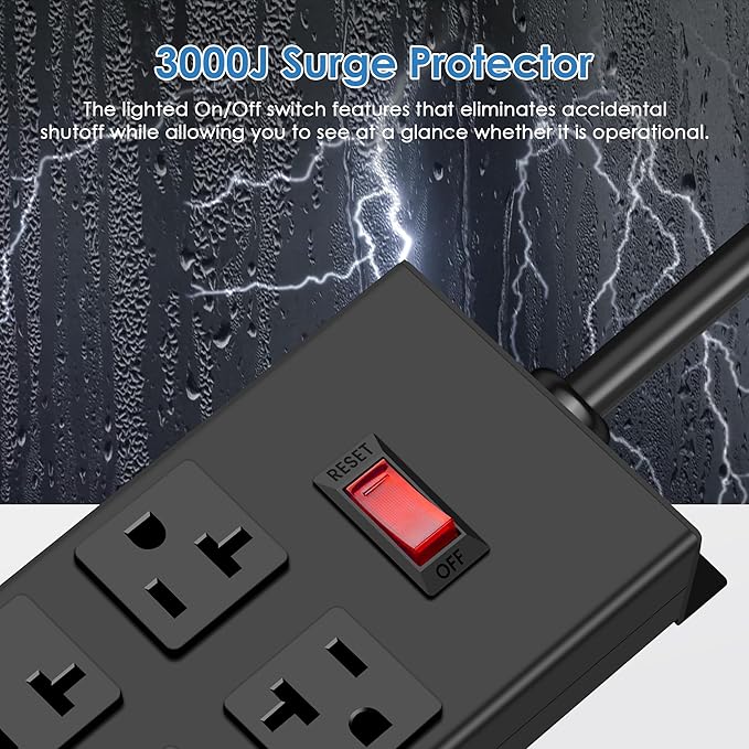 JUNNUJ Heavy Duty 20 Amp Power Strip, Garage 8 Outlets Metal 12 Gauge Surge Protector 3000J, High Amp 5-15P Adapter Shop 6-20R T-Slot Industrial Outlets (8AC, 6FT)