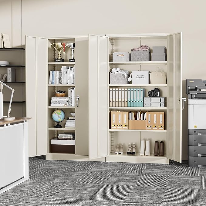 Greenvelly Garage Storage Cabinet,72" Metal Cabinet with 2 Doors and 4 Shelves,Steel File Cabinet for Home Office, Garage, Classroom（Grey 36" X 18"）