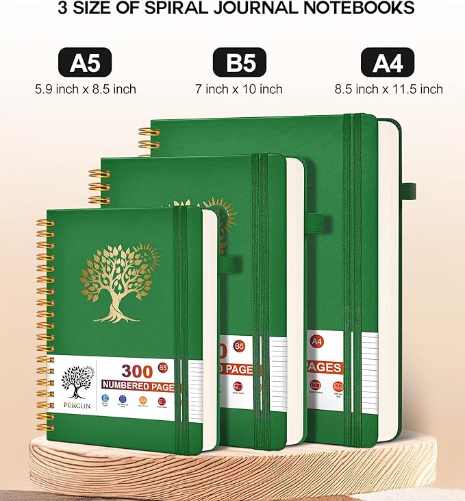 Spiral Notebook Journal for Women Men, 300 Numbered Lined Pages, College Ruled, A5 Hardcover Spiral Bound Notebook for School, Work, Note Taking Writing, Leather Spiral Journal Medium 5.9"x8.5"