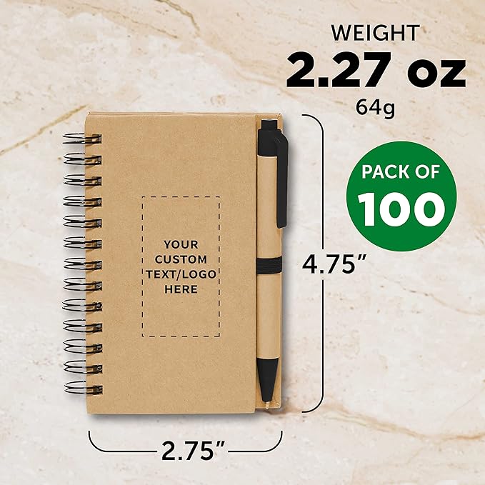 Custom Mini Spiral Notebooks with Black Ink Pens Set of 100, Personalized Bulk Pack - Perfect for School, Office, Business, Home - Black
