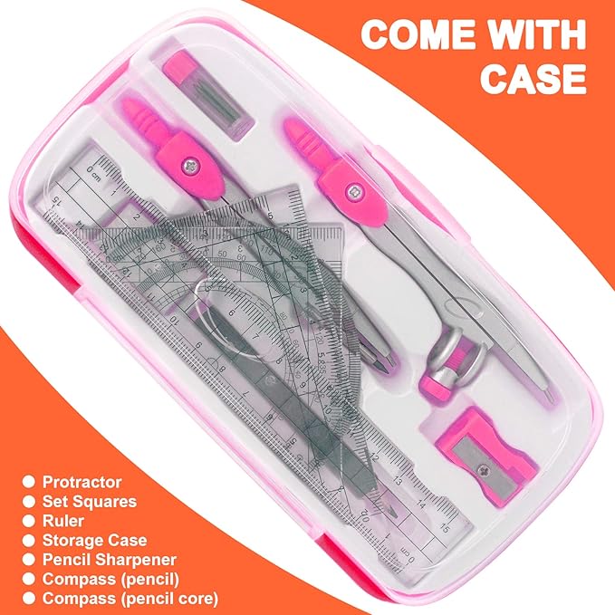 Maths Compasses Full Starter Geometry Kit with 2 Drafting Compasses Protractor 2 Set Squares Ruler Pencil and More for Students Maths Study Homework etc. Pink