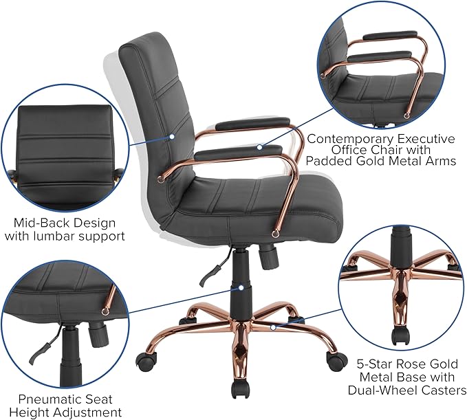 Flash Furniture Whitney Mid-Back Swivel LeatherSoft Desk Chair with Padded Seat and Armrests, Adjustable Height Padded LeatherSoft Office Chair, Black/Rose Gold