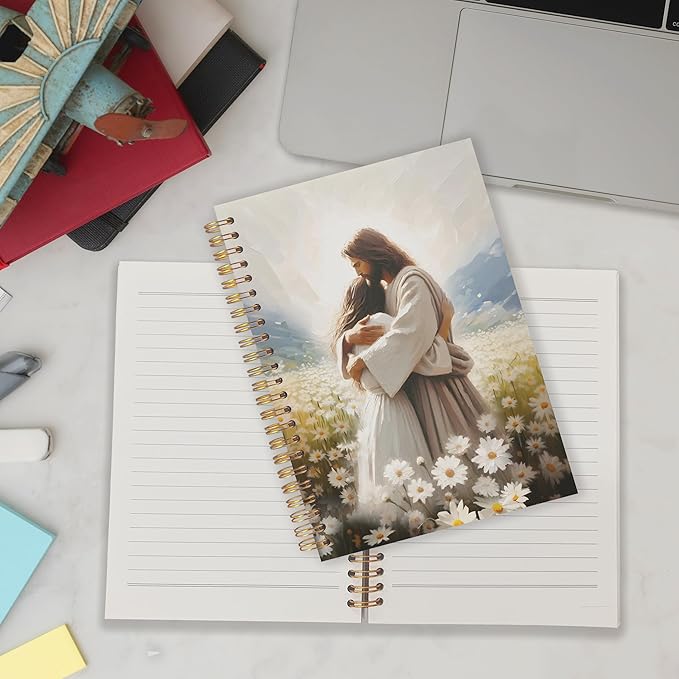 Qabliqo Jesus Christian Spiral Notebooks, Christian Gift Journal for Women, Daisy Flower Field Jesus Hugging Journals for Woman, Religious Notebook for Note Taking, 5.5x8.3 Inch