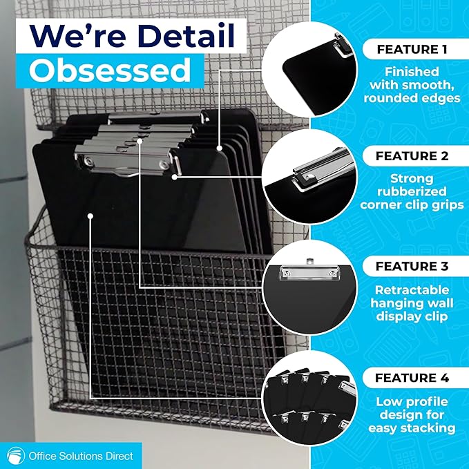 Black Plastic Clipboards (Set of 12) Multipack - 12.5x9 Inch Clipboard Holds 100 Sheets, Low Profile | Colored Acrylic Clip Boards in Bulk for Kids & Professionals