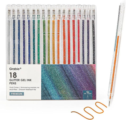 Grabie Capped Glitter Gel Pens 18 Colors, Metallic Vibrant Sparkle Gel Pens for Coloring, Color Pens for Adults,Colored Gel Pens for Adult Coloring Books and Drawing