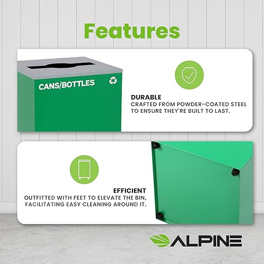 Alpine Industries Mixed Lid 29 Gallon Sturdy Steel Cube Recycling Container, Square Opening - 3 Color Cans Available Sold Separately (Lid Mixed Opening)