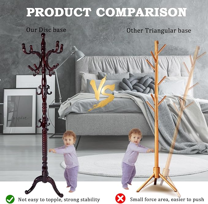 Coat Racks FreeStanding with 14 Hooks, Natural Wood Coat Rack with Solid Round Base, Adjustable Height Coat Racks, Easy Assembly for Hallway, Bedroom and Office (Reddish brown-Tri-Legged Base)