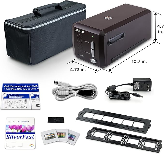 Plustek OpticFilm 8300i Ai Film Scanner - Converts 35mm Film & Slide into Digital, Bundle SilverFast Ai Studio 9 + QuickScan Plus, Include Advanced IT8 Calibration Target (3 Slide)