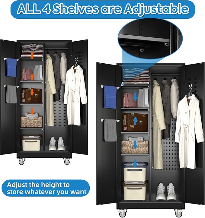 Garage Storage Cabinet with Wheels, Metal Tool Cabinet with Pegboards and 4 Adjustable Shelves, Garage Storage System with Lockable Door for Shools, Offices, Gyms and Pantries, Black