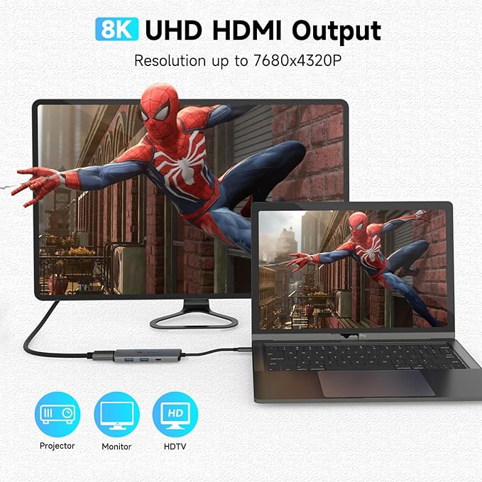 RSHTECH USB C Hub 7-in-1 Multiport Adapter with 8K HDMI, 10Gbps USB-C and 2 USB A Data Ports, 100W Power Delivery, SD/TF Card Reader, Aluminum USB 3.1/3.2 Gen 2 Hub Dongle for PC and Laptop, RSH-T02