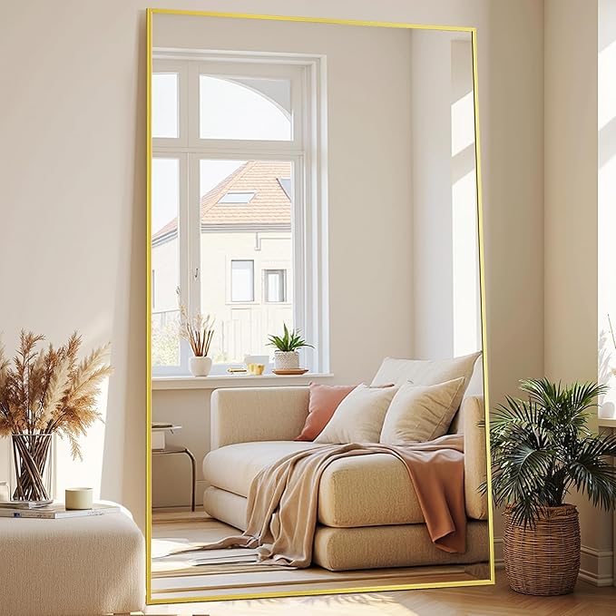 Full-Length Floor Mirror with Stand, 72"x44" Rectangle Style Full Body Standing Mirror for Bedroom, Living Room, Gym, Dorm - Shatter-Resistant & Easy Assembly, Gold