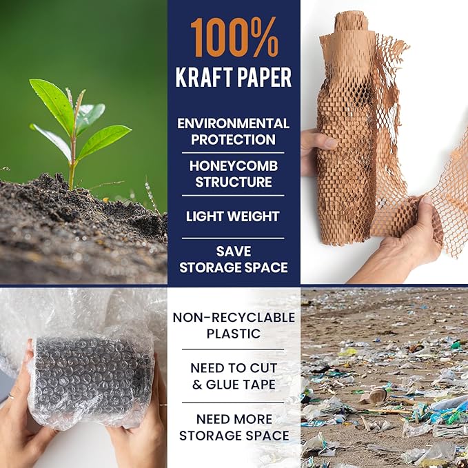 Honeycomb Packing Paper 15" x 200ft with Rope & 20 Fragile Stickers|Shipping & Moving Supplies|Small Business Packaging Supplies|Eco Friendly Bubble Wrap Packing Boxes for Moving Certified FSC C204227