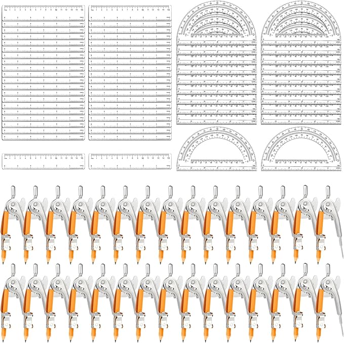 120 Pieces Geometry Math Set Compass for Geometry Math Compass and Protractor Set Include Metal Compass with Pencil Plastic Ruler and Protractor for Student School Office Woodworking Drawing Tools