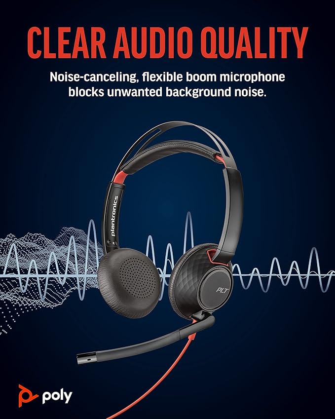 Poly - Blackwire 5220 USB-A Headset (Plantronics) - Wired, Dual Ear (Stereo) Computer Headset with Boom Mic - USB-A, 3.5 mm to connect to your PC, Mac, Tablet and/or Cell Phone