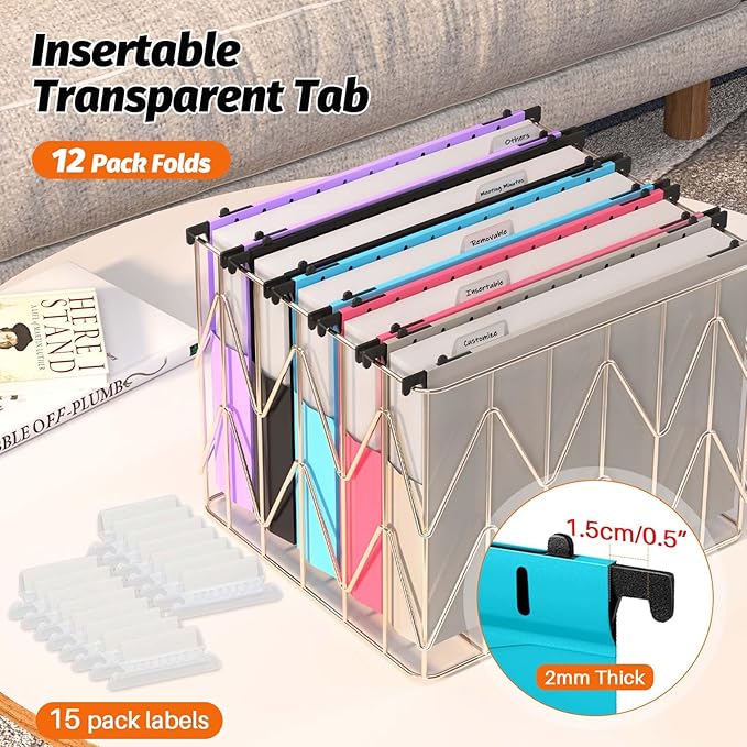 Extra Capacity Plastic Hanging File Folders,12 Pack Reinforced Expanding Hang Folder Letter Size,Accordian Pocket,Heavy Duty 2 Inch Expansion,Hanging Folder Organizer for Office Home,Assorted Colors
