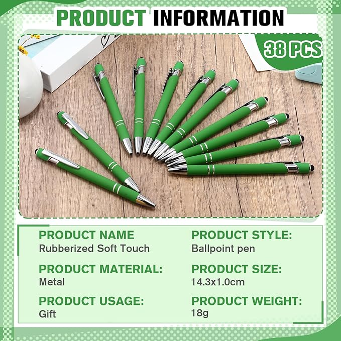 Zonon 38 Pieces Rubberized Ballpoint Pen with Stylus Tip Stylish Metal Pen Capacitive Styli with Soft Rubberized Grip, Black Ink for Most Devices(Green)