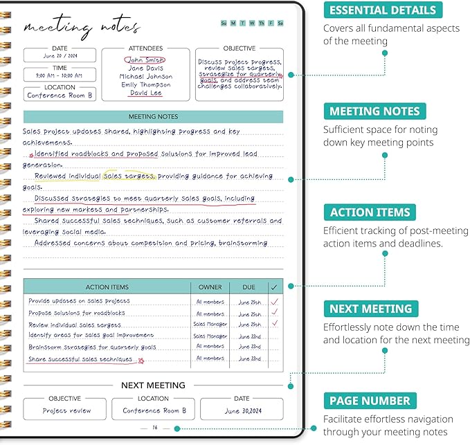 6 Pack of Meeting Notebook for Work Organization - Work notebook with action items, Meeting Minutes Planner Notebook, Perfect Office Supplies for Men & Women - Black